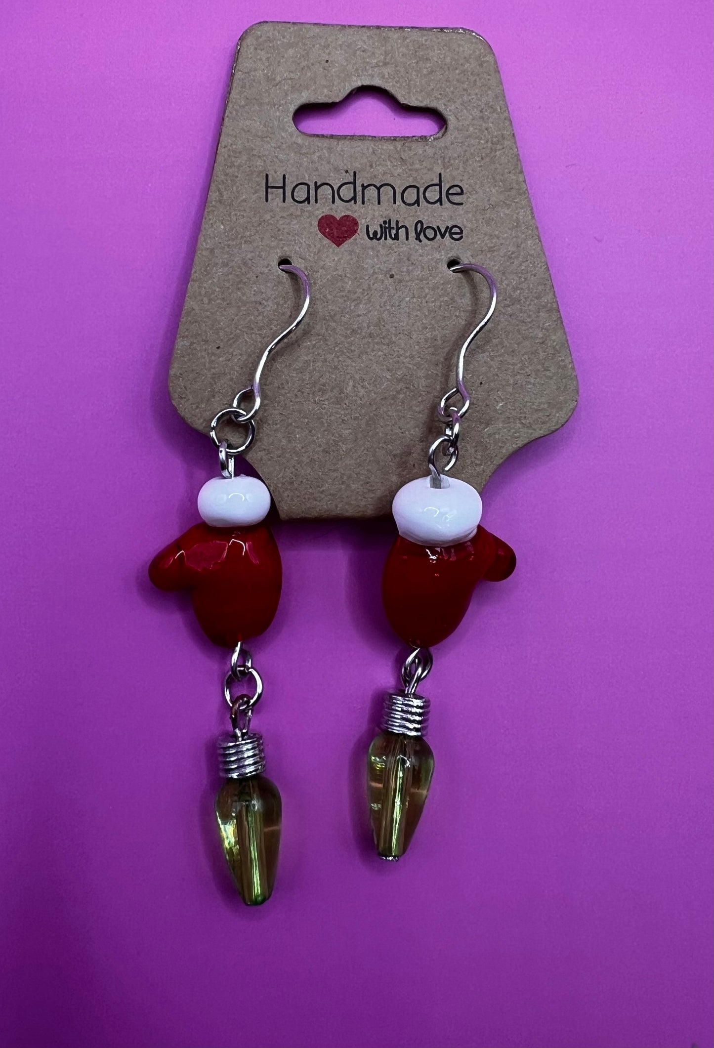 Silver, Dangly Red Mittens and Green Christmas Lights