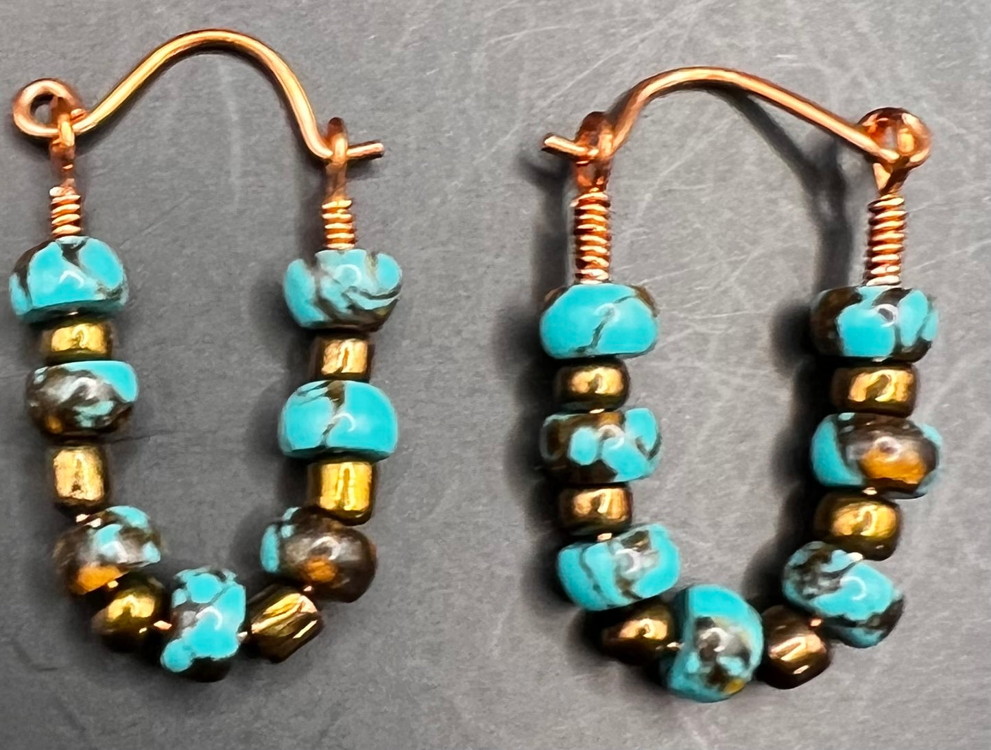 Copper Hoop Earrings with turquoise & copper beads