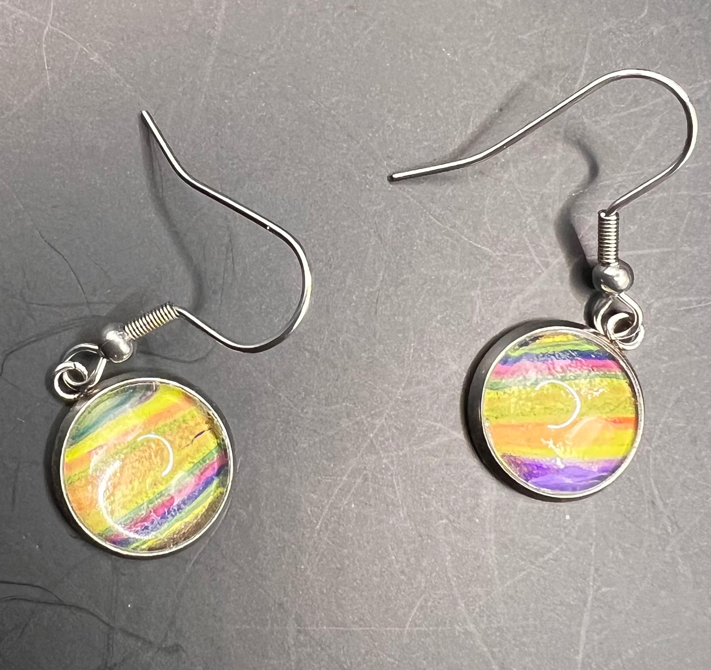 Yellow, pink, blue, purple round silver cabochon earrings