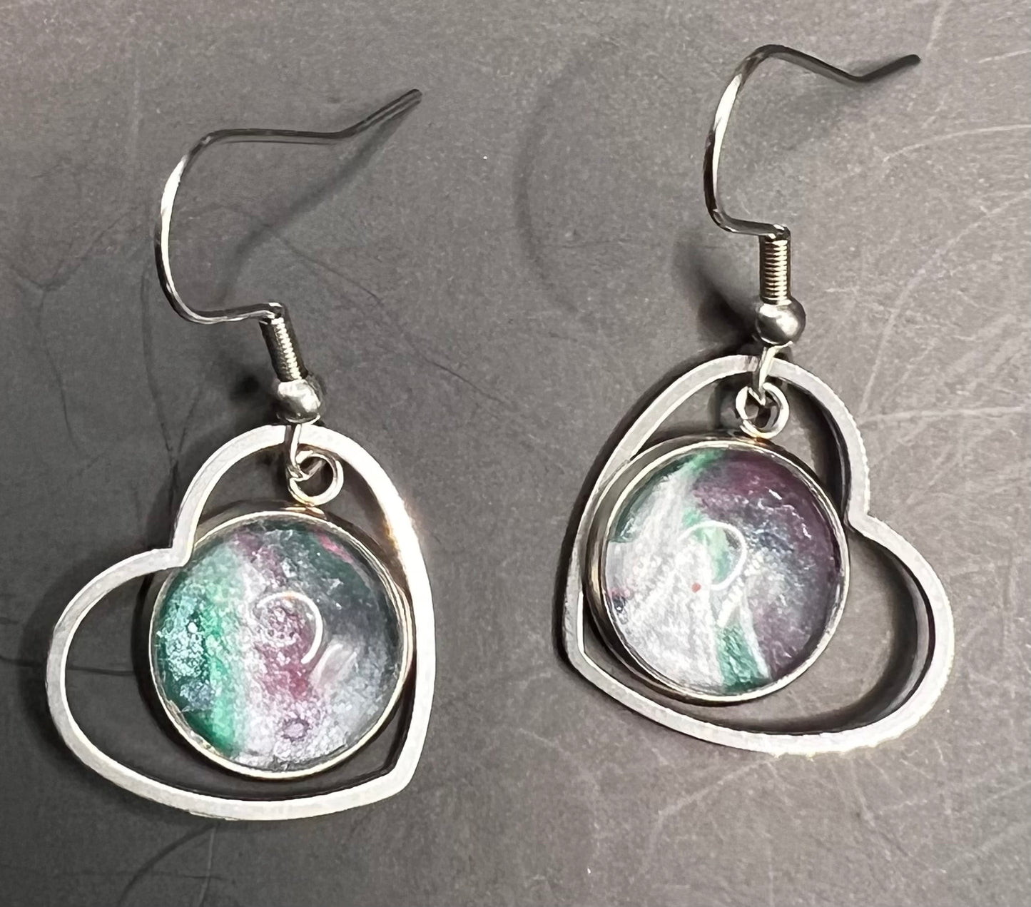 Green, pink & silver heart cabochon earrings