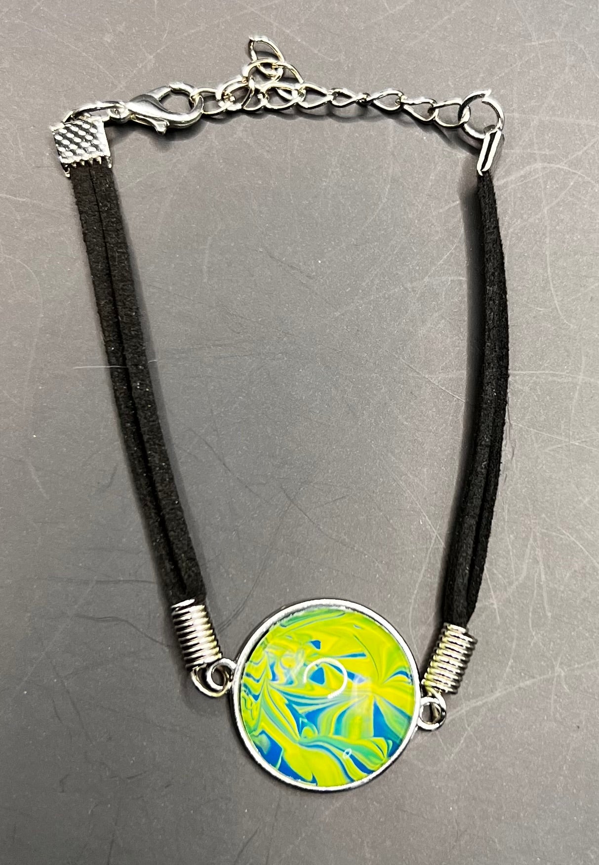 Blue & yellow round silver cabochon bracelet W/ black chord