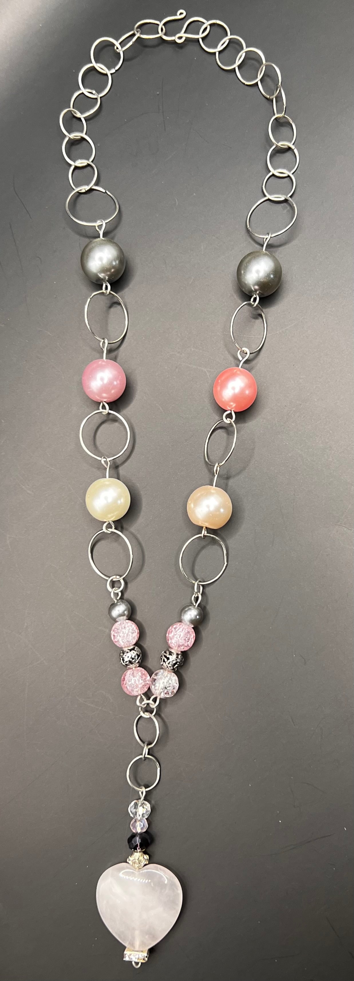 Pink, Silver, & Cream Large Hoops and Beads & Dangle Heart Necklace