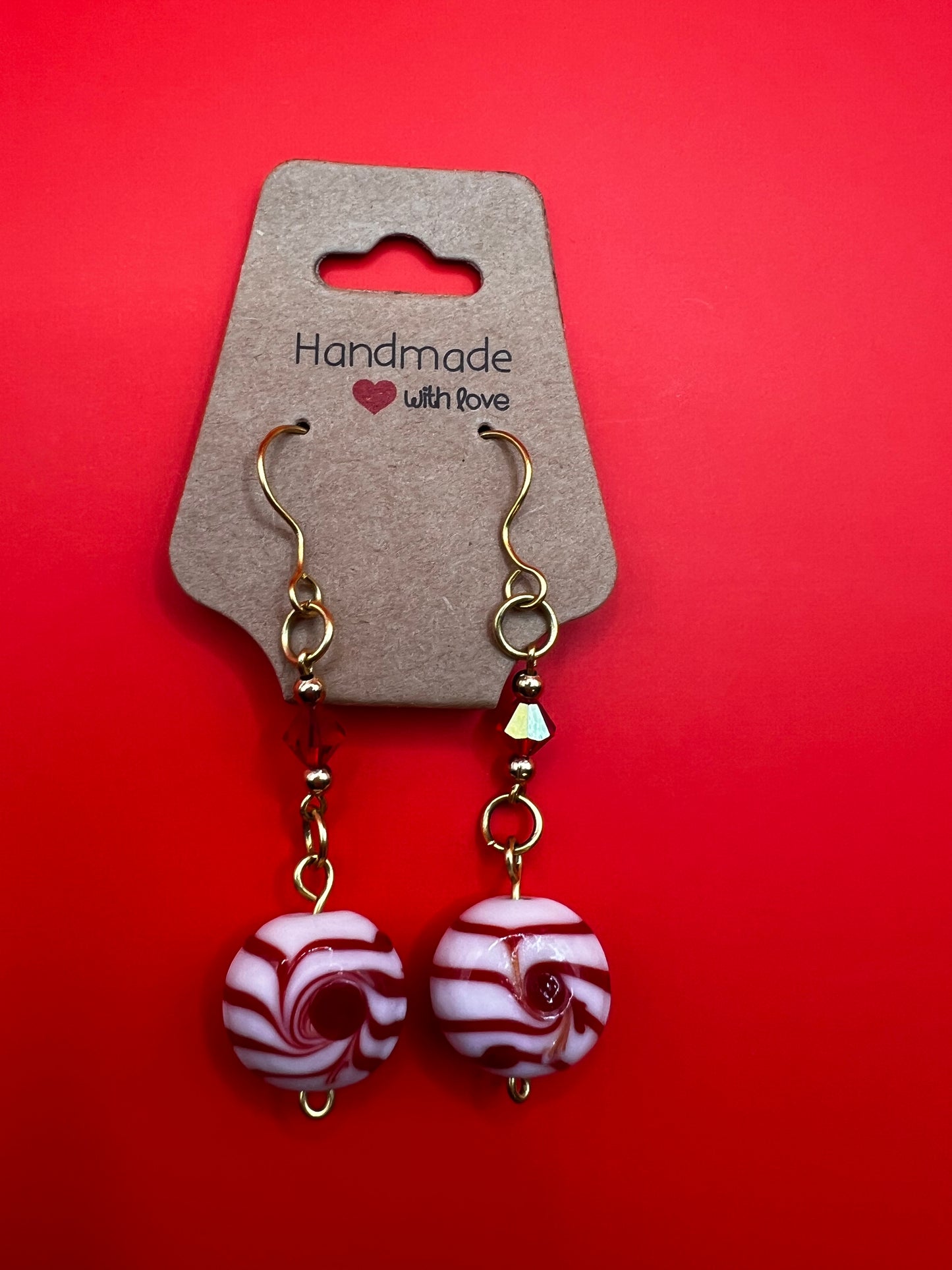 Gold, Dangly Peppermint Candy with Red & Gold Beads
