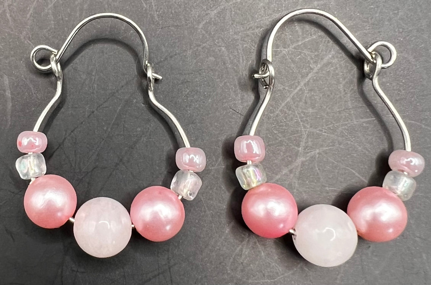 Silver Hoop Earrings with Pink & White Beads