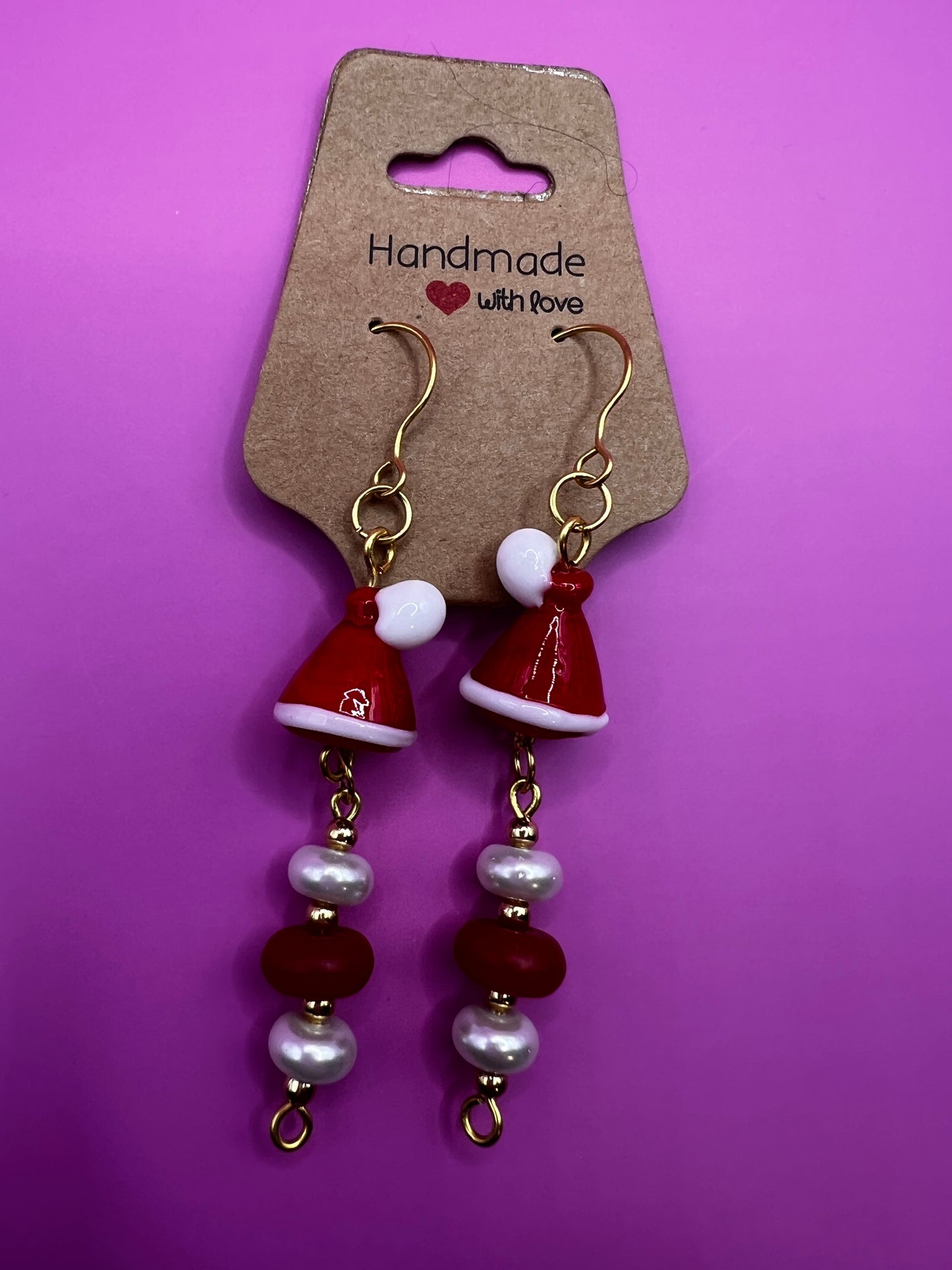 Gold, Glass Santa Hats with Red and White Beads