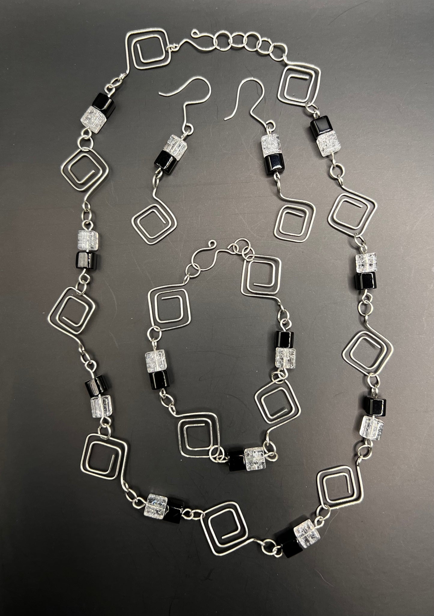 Silver, clear & black handmade square earrings, bracelet and necklace