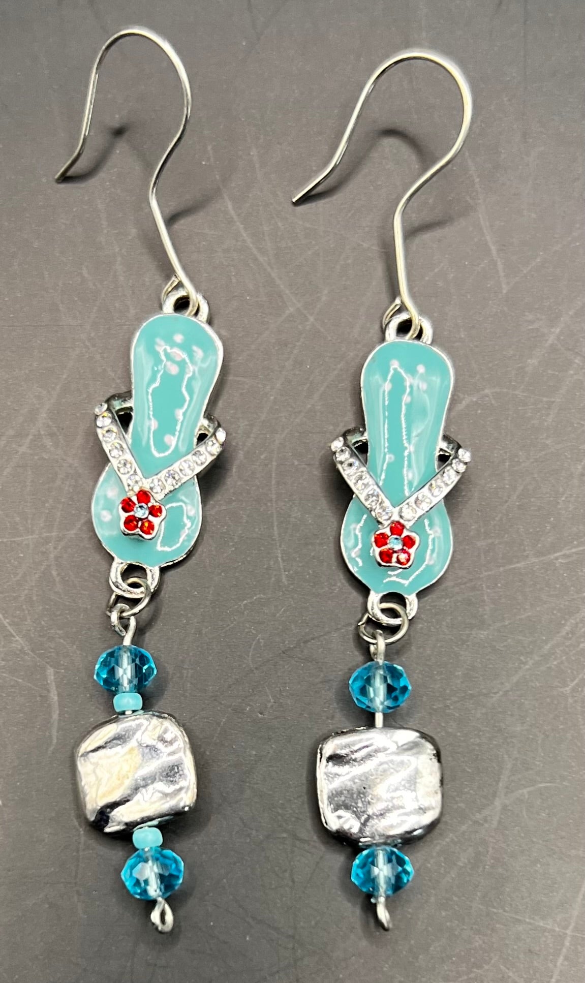 Silver Dangle Teal Flip Flop Earrings with Silver Square & Teal Round Beads