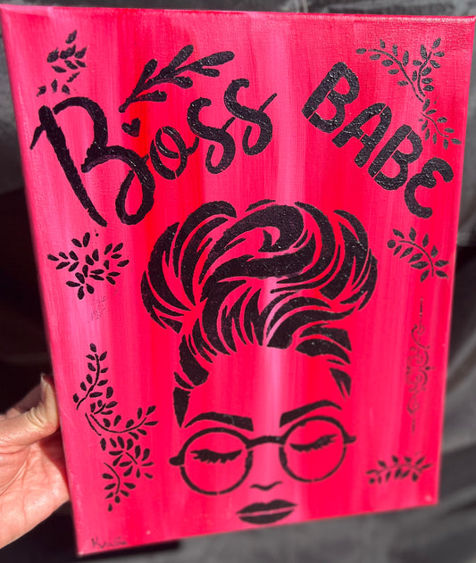 Boss Babe 8x10 Acrylic painting with woman’s face in glasses & a bun