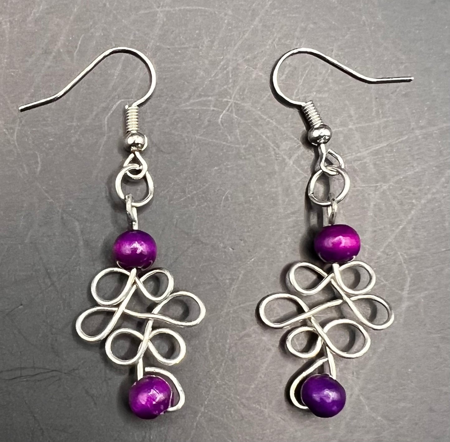 Silver Dangle Earrings with Purple Beads