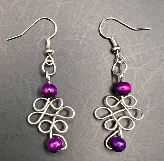 Silver Dangle Earrings with Purple Beads