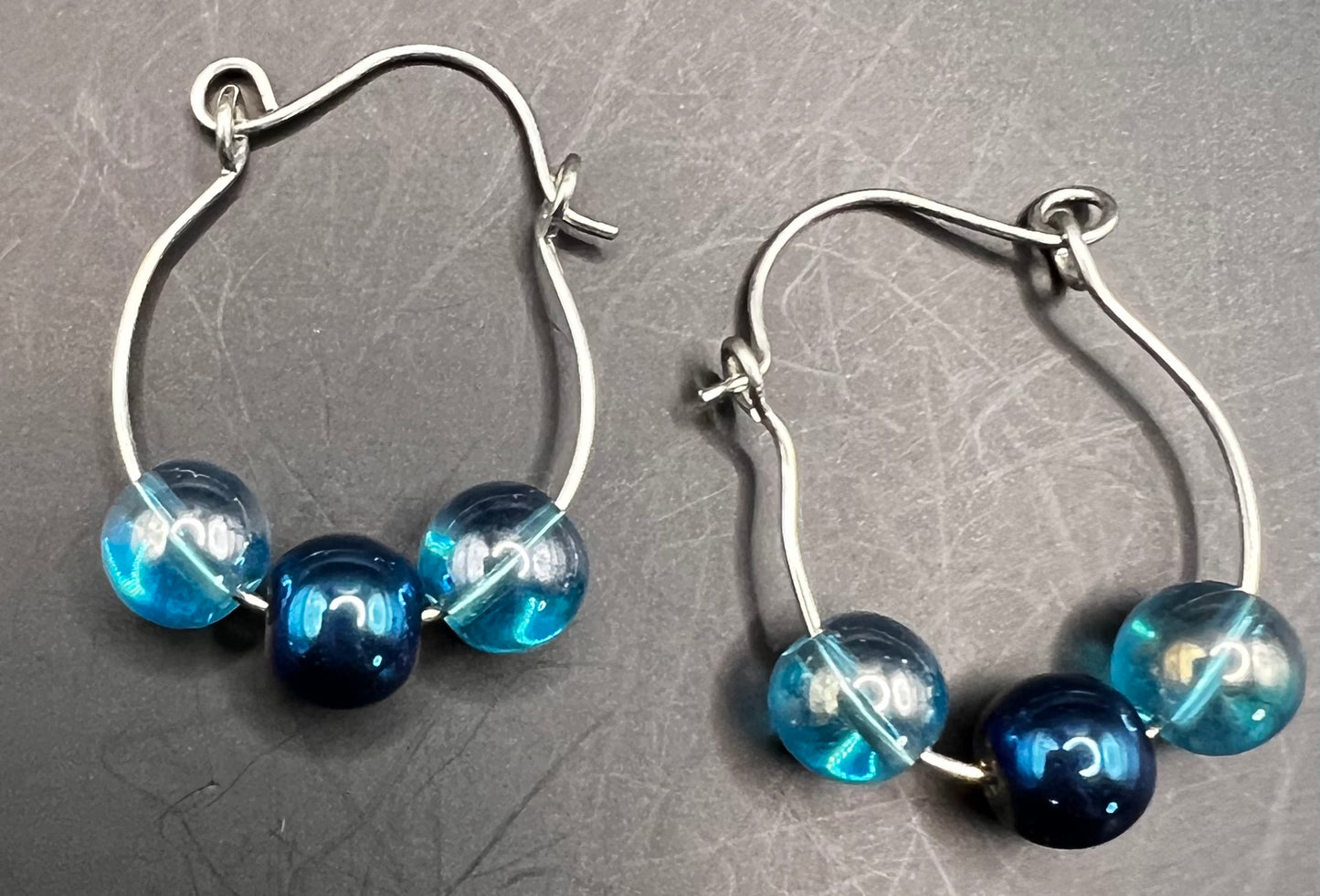 Silver Hoop Earrings with Teal & Blue Beads