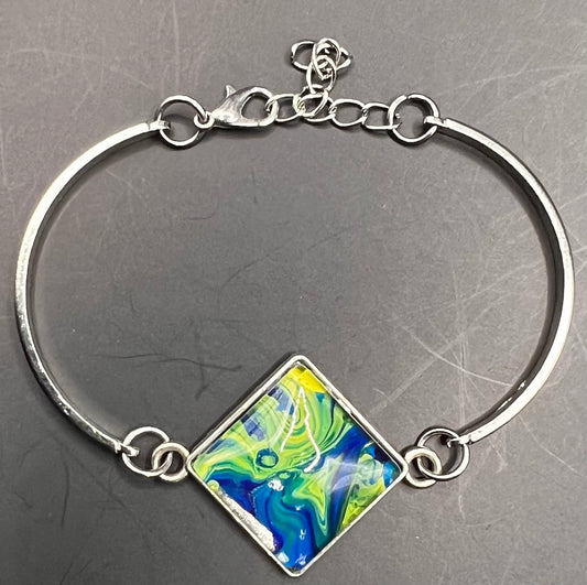 Blue & yellow square silver cabochon bracelet