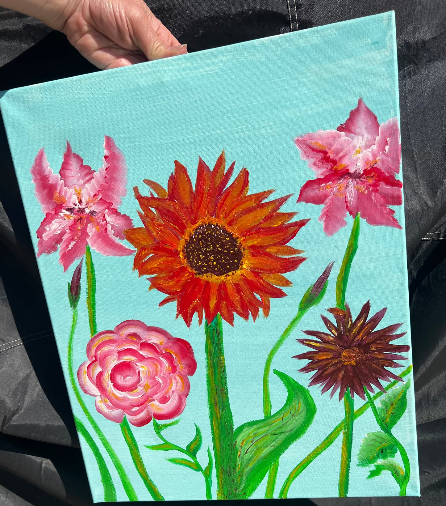 Teal background w/ irises, cabbage rose, orange sunflower. Acrylic 11x14 painting