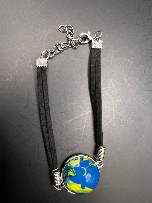 Blue & yellow round silver cabochon bracelet W/ black chord