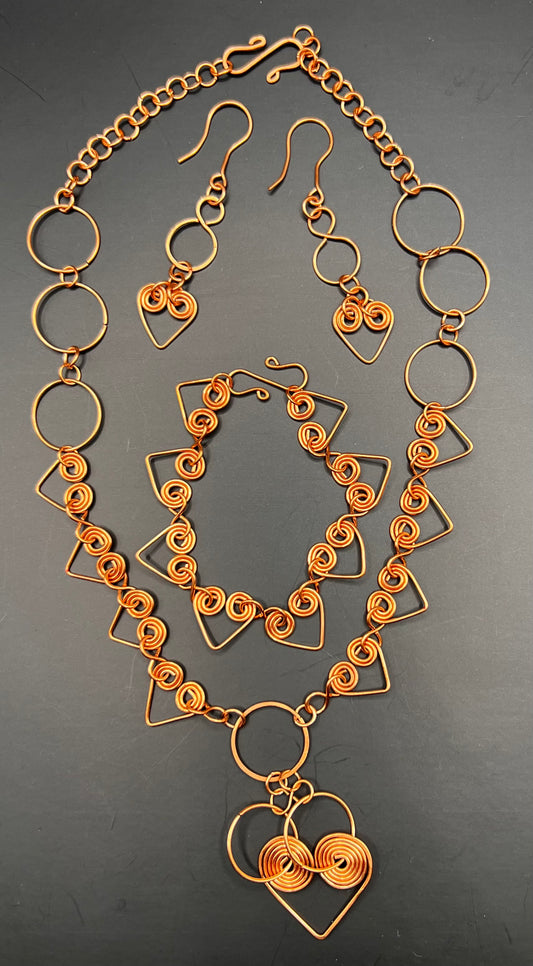 Copper handmade coiled hearts necklace, bracelet and earrings