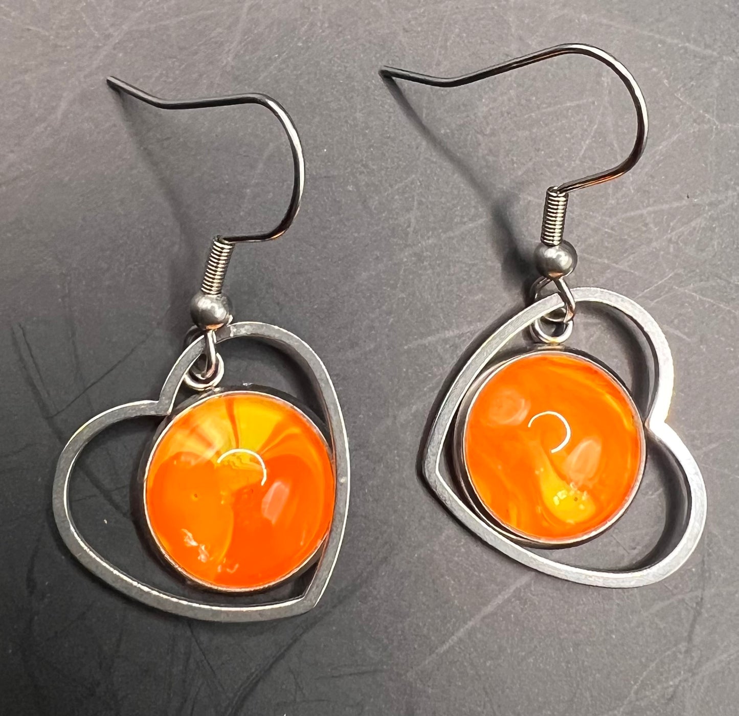 Orange & yellow hearts w/ silver outline cabochon earrings