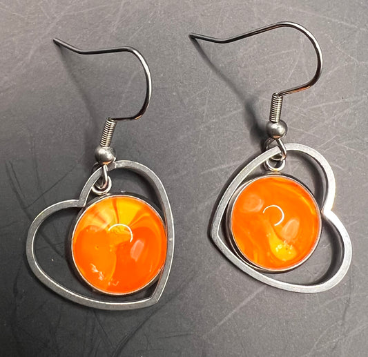 Orange & yellow hearts w/ silver outline cabochon earrings