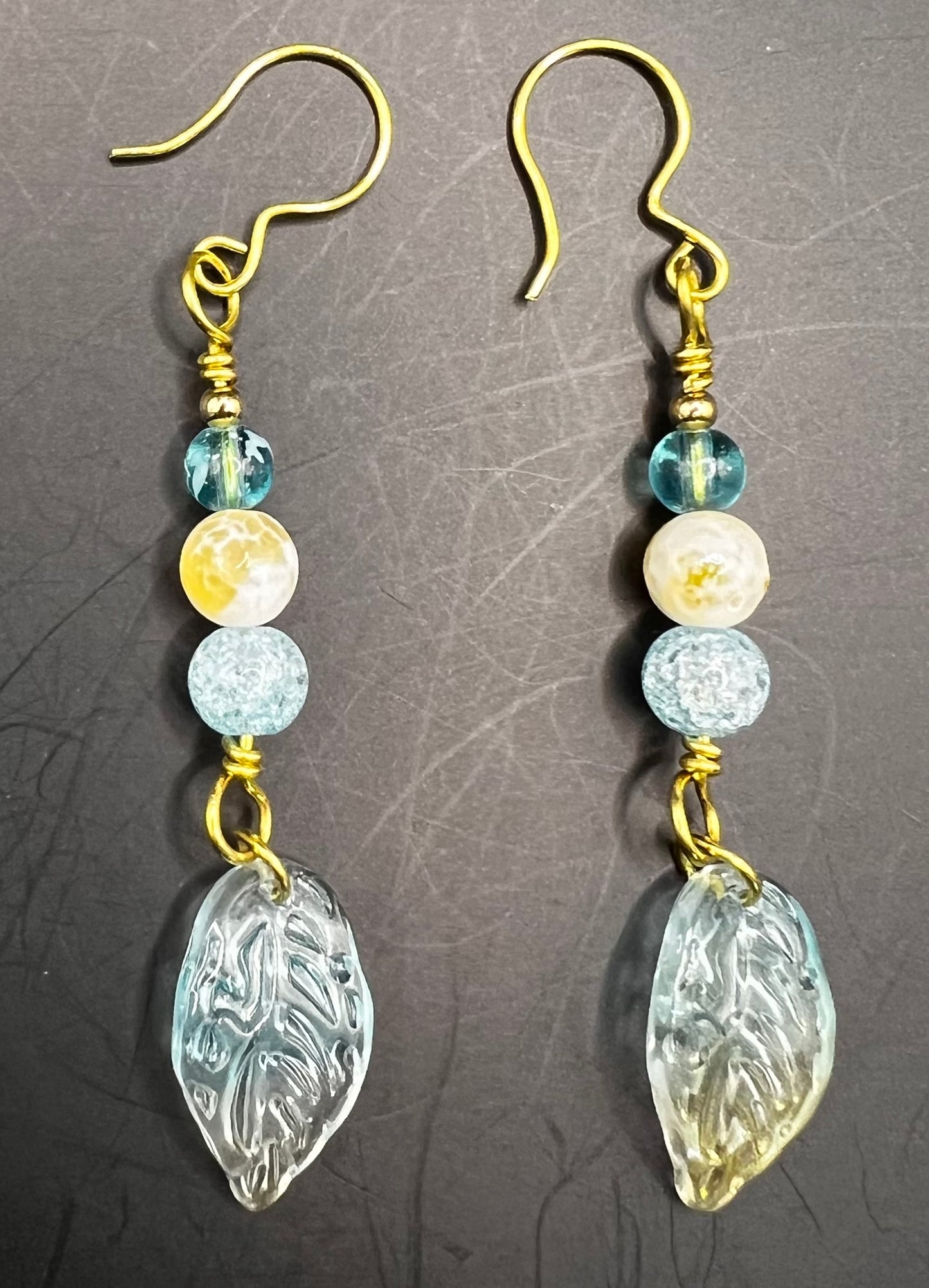 Gold Dangle Earrings with Aqua & Yellow Beads & Aqua Leaves