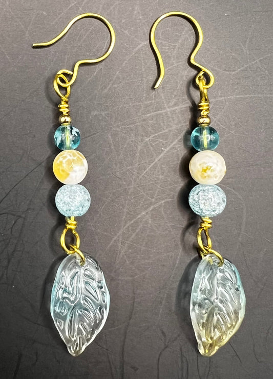 Gold Dangle Earrings with Aqua & Yellow Beads & Aqua Leaves
