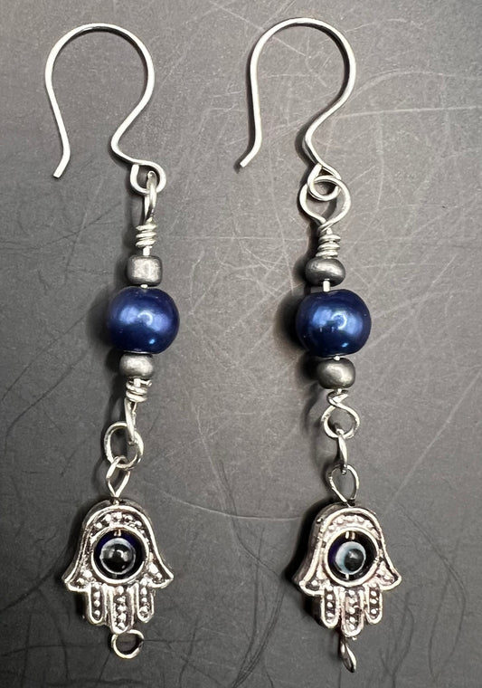 Silver & blue dangle earrings with Hamsa Hand with evil eye to protect against negative energy
