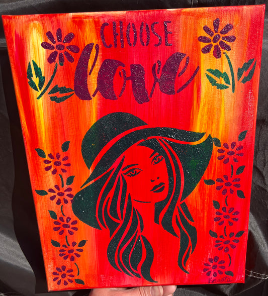 Choose Love acrylic 8x10 painting w/ orange & yellow background w/ woman in floppy hat & purple and green flowers