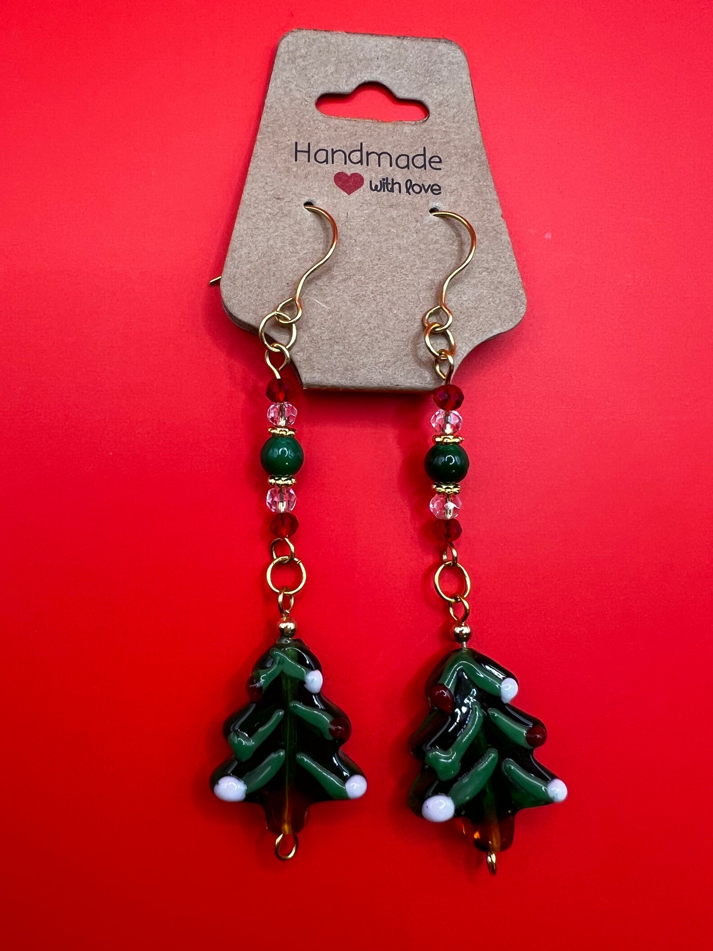 Long, Dangly, Gold with Large Christmas Trees with Red, Green, Clear Glass Beads with Gold Accents