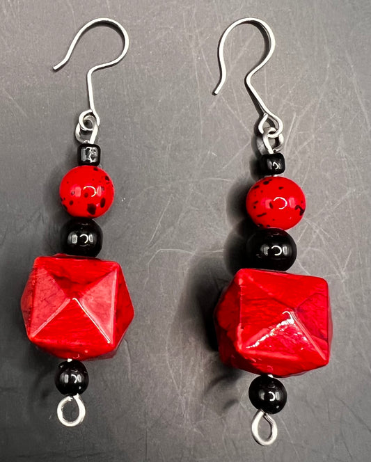Silver Dangle Earrings with Large Red Square Beads & Round Red & Black Beads