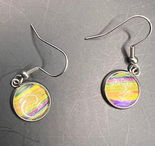Yellow, pink, blue, purple round silver cabochon earrings