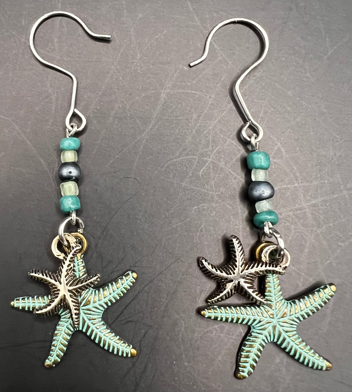Silver Dangle Earrings with Aquamarine & Silver Beads & Starfish