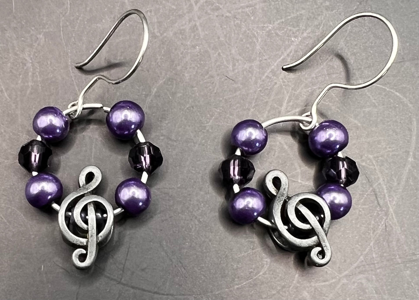 Silver hoop earrings with Purple Beads & Treble Clefs