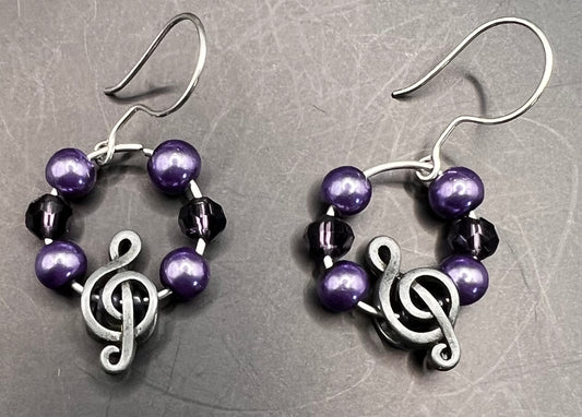 Silver hoop earrings with Purple Beads & Treble Clefs