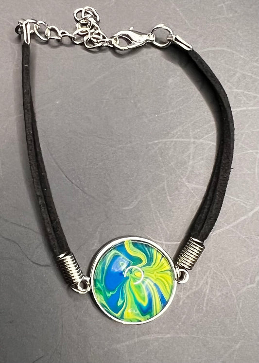 Blue & yellow round silver cabochon bracelet W/ black chord