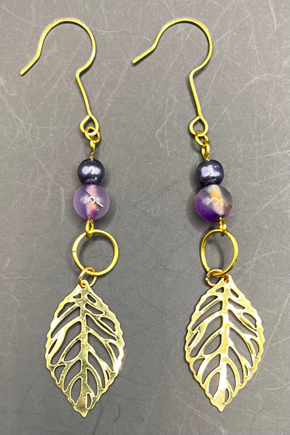 Gold Dangle Earrings with Gold Beads & Gold Leaves