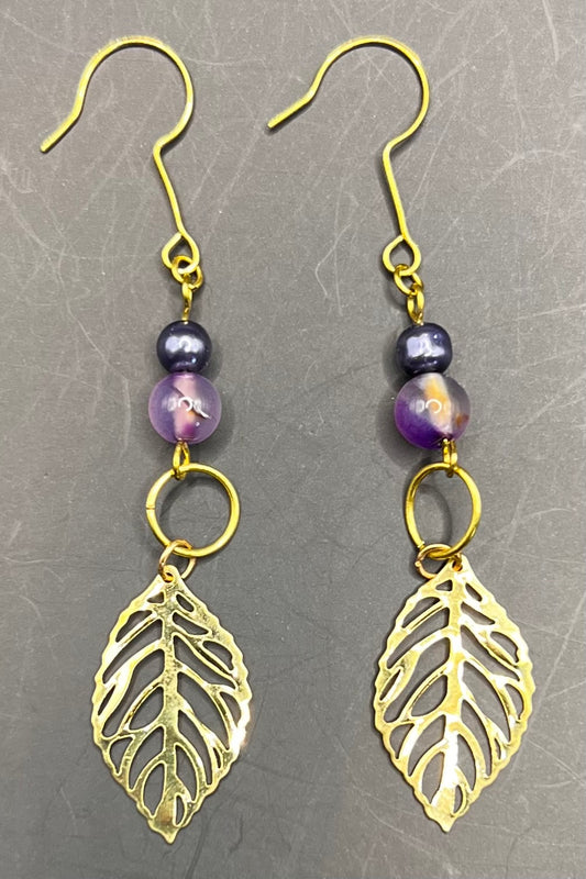 Gold Dangle Earrings with Gold Beads & Gold Leaves