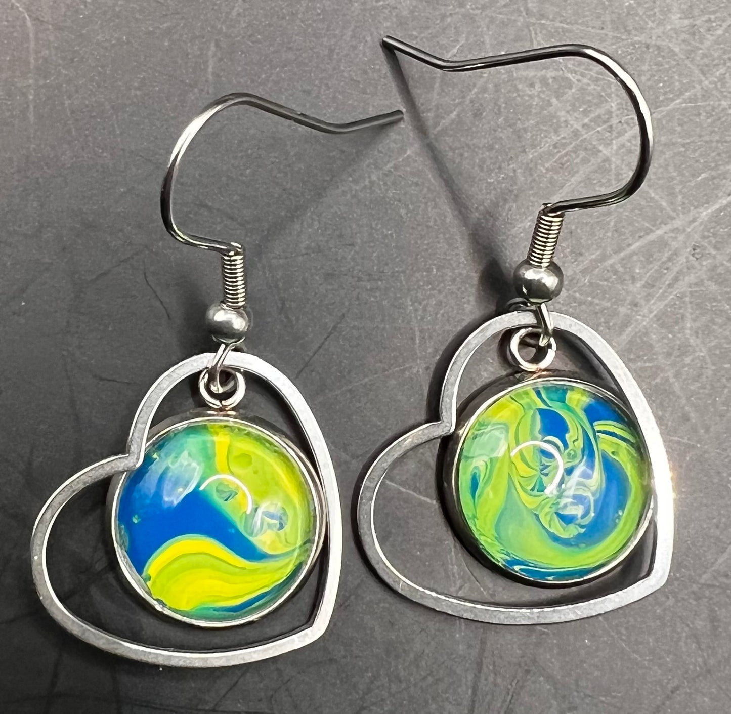 Blue & yellow hearts w/ silver outline cabochon earrings