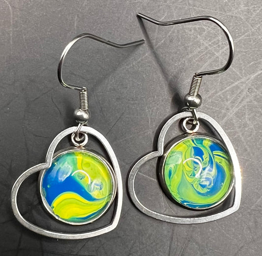 Blue & yellow hearts w/ silver outline cabochon earrings