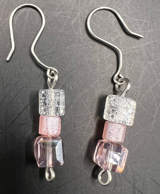 Silver Dangle Earrings with Light Pink & Clear Beads