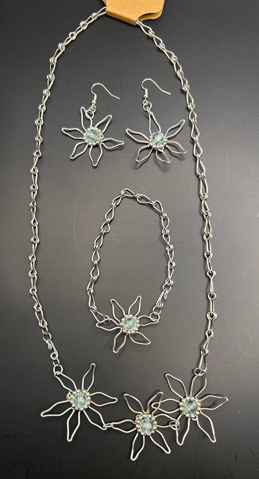 Silver and Aqua Handmade Flower Earrings, Bracelet and Necklace Set