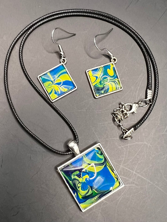 Blue & yellow square silver cabochon W/ black chord