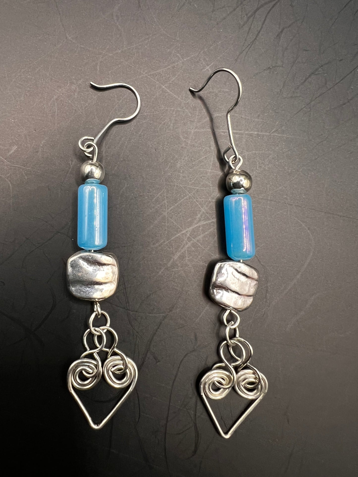 Silver & sky blue & silver dangle earrings with coiled hearts