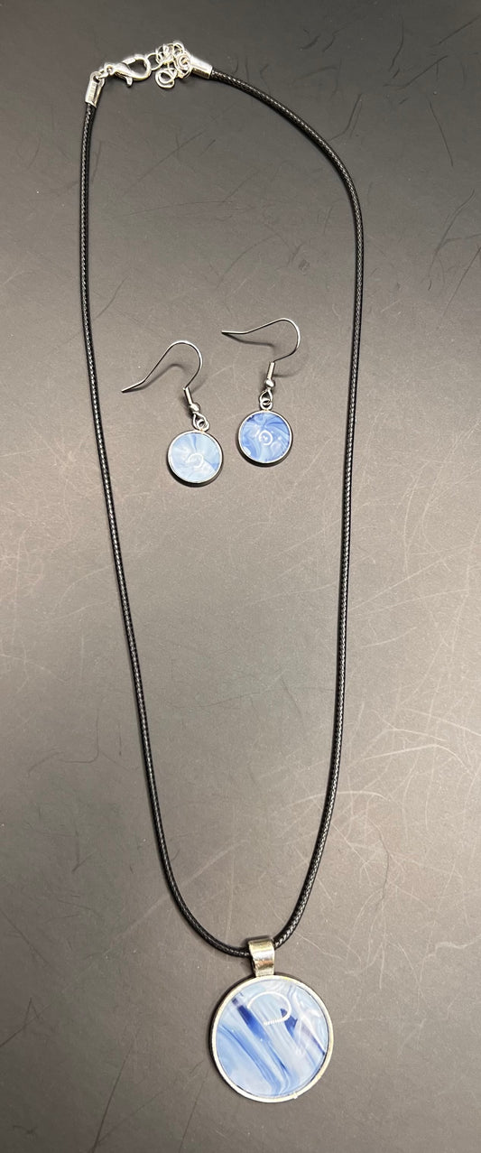 Blue & white round silver cabochon w/ black chord