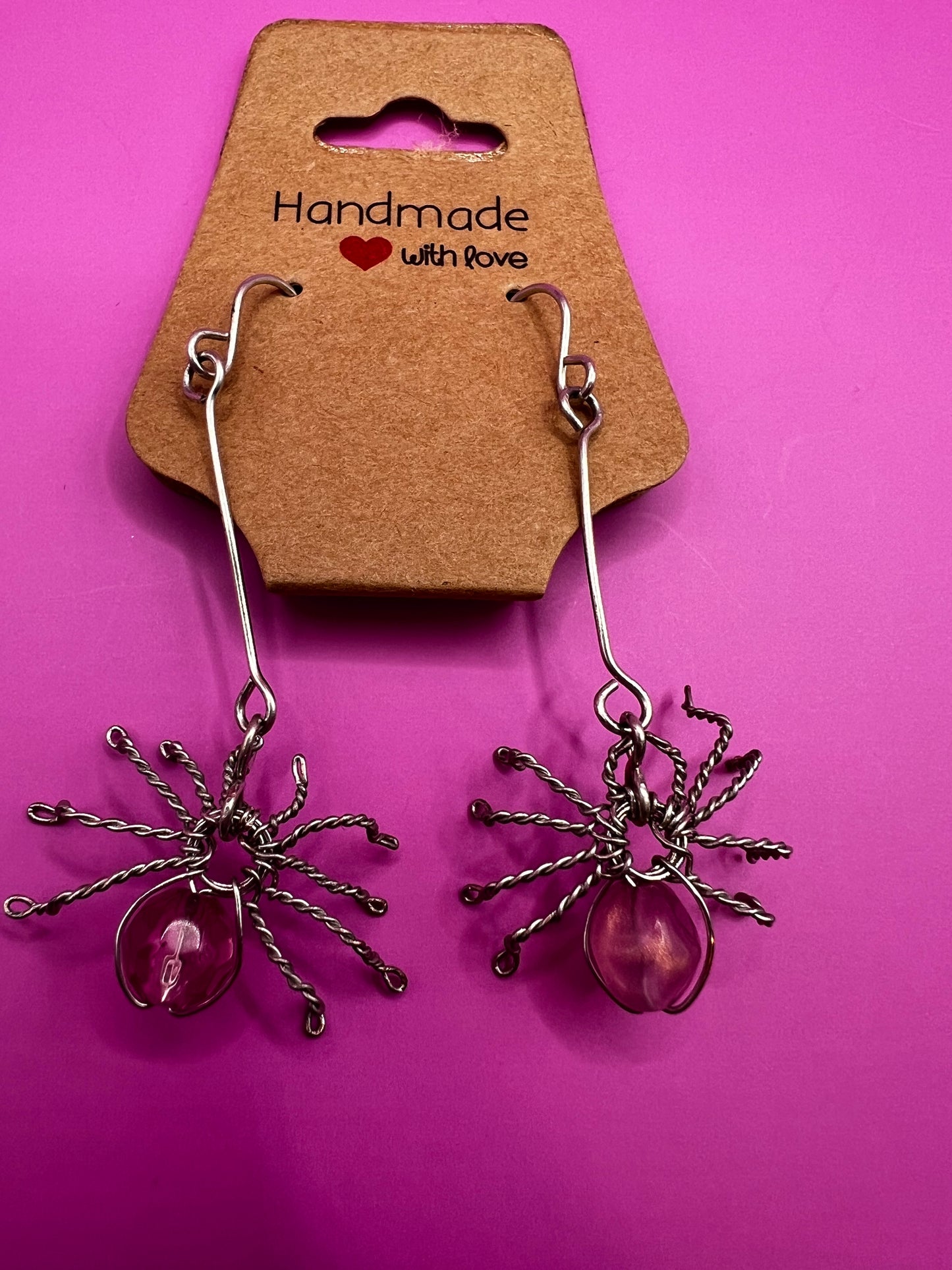 Silver & Pink Dangly Handmade Spider Earrings