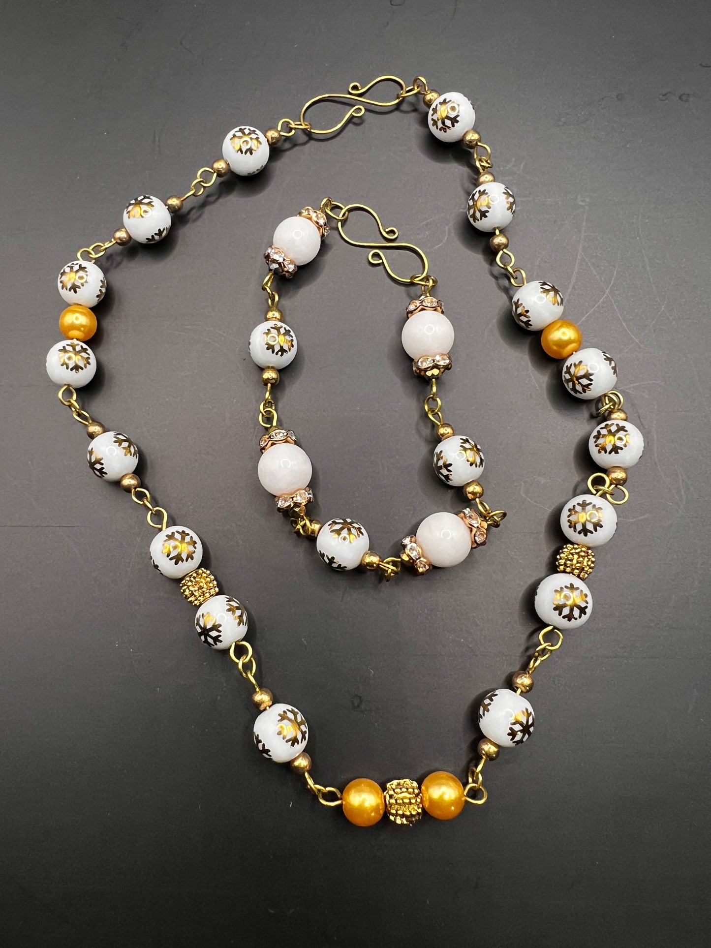 Gold & white snowflake necklace and bracelet