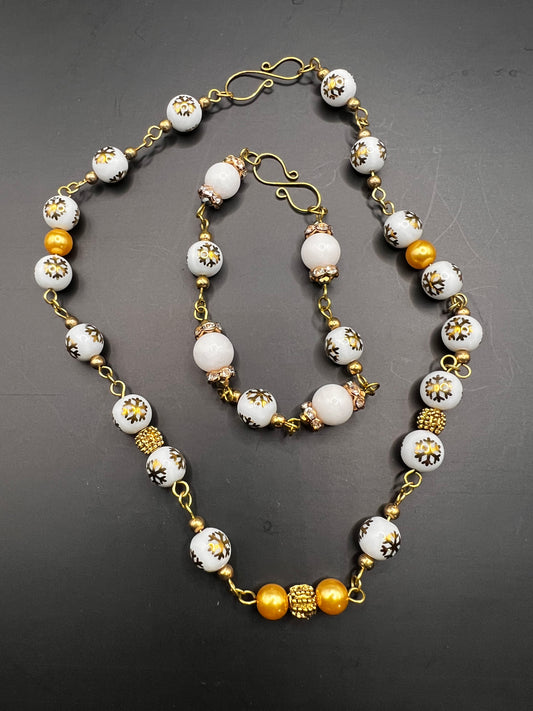 Gold & white snowflake necklace and bracelet
