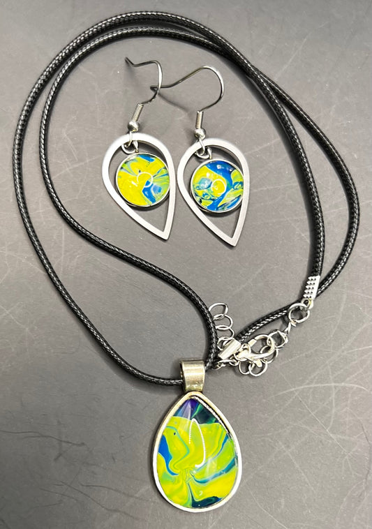 Blue & yellow teardrop silver cabochon W/ black chord