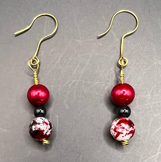 Gold Dangle Earrings with Red, Black & Multicolored red, black and white beads
