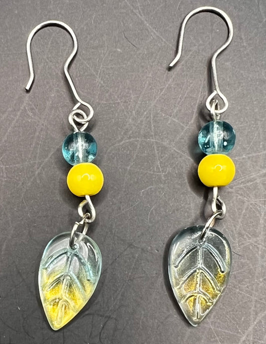 Silver Dangle Earrings with Aqua & Yellow Beads & Aqua & Yellow Leaves