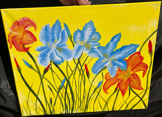 Irises and Day Lillies Acrylic Painting 11x14 Landscape Orientation