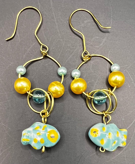 Gold Dangle/Hoop Teal & Yellow Earrings with Fish