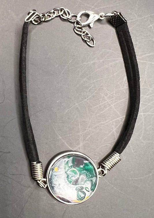 Green, silver, yellow & pink round cabochon bracelet with black chord